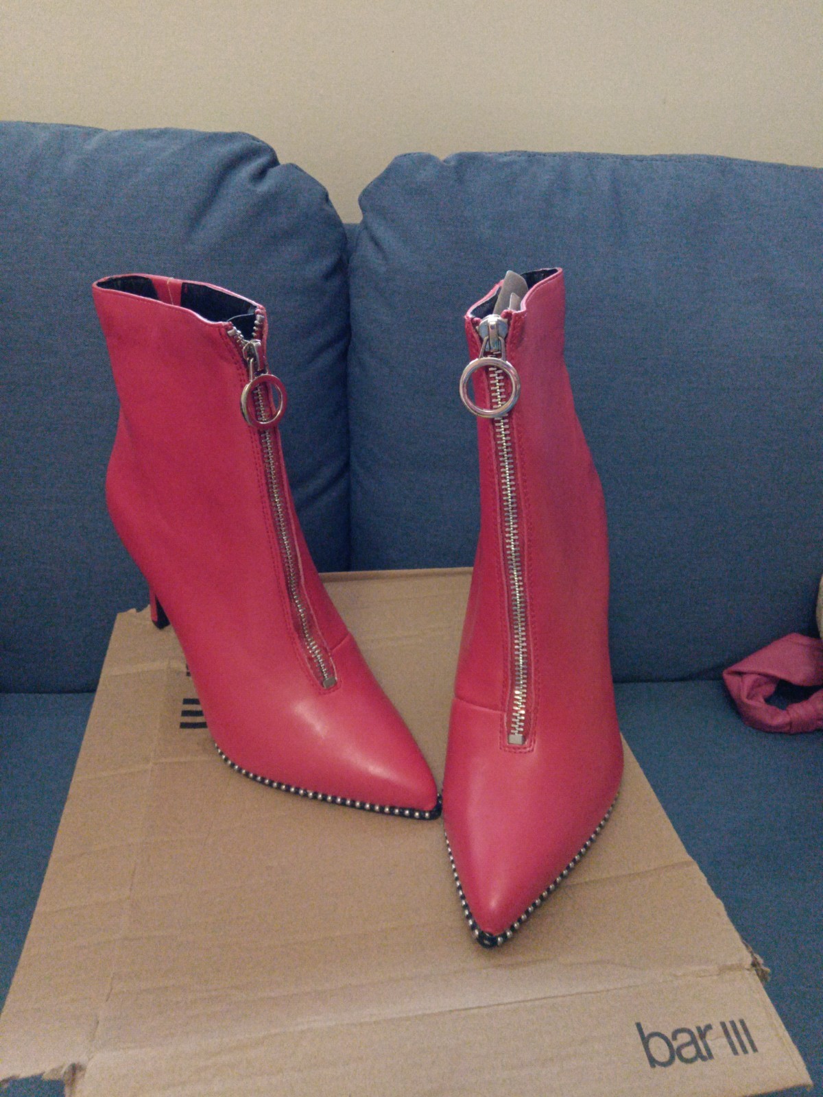 Macy’s Bar III Red Studded Zipper Pointed Toe Ankle Bootie Faux Leather 7M