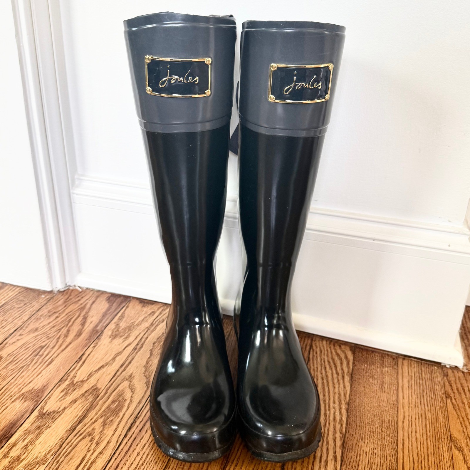 Joules Evedon Rain Boots Womens 8 Black Bow Back Waterproof Tall