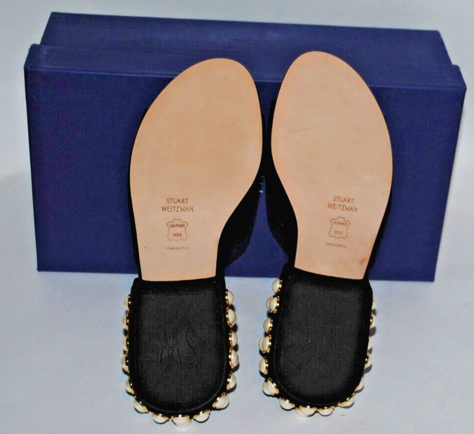 with box Stuart Weitzman Womens Girls Slide Pearl Black Suede Sandals Si G1N