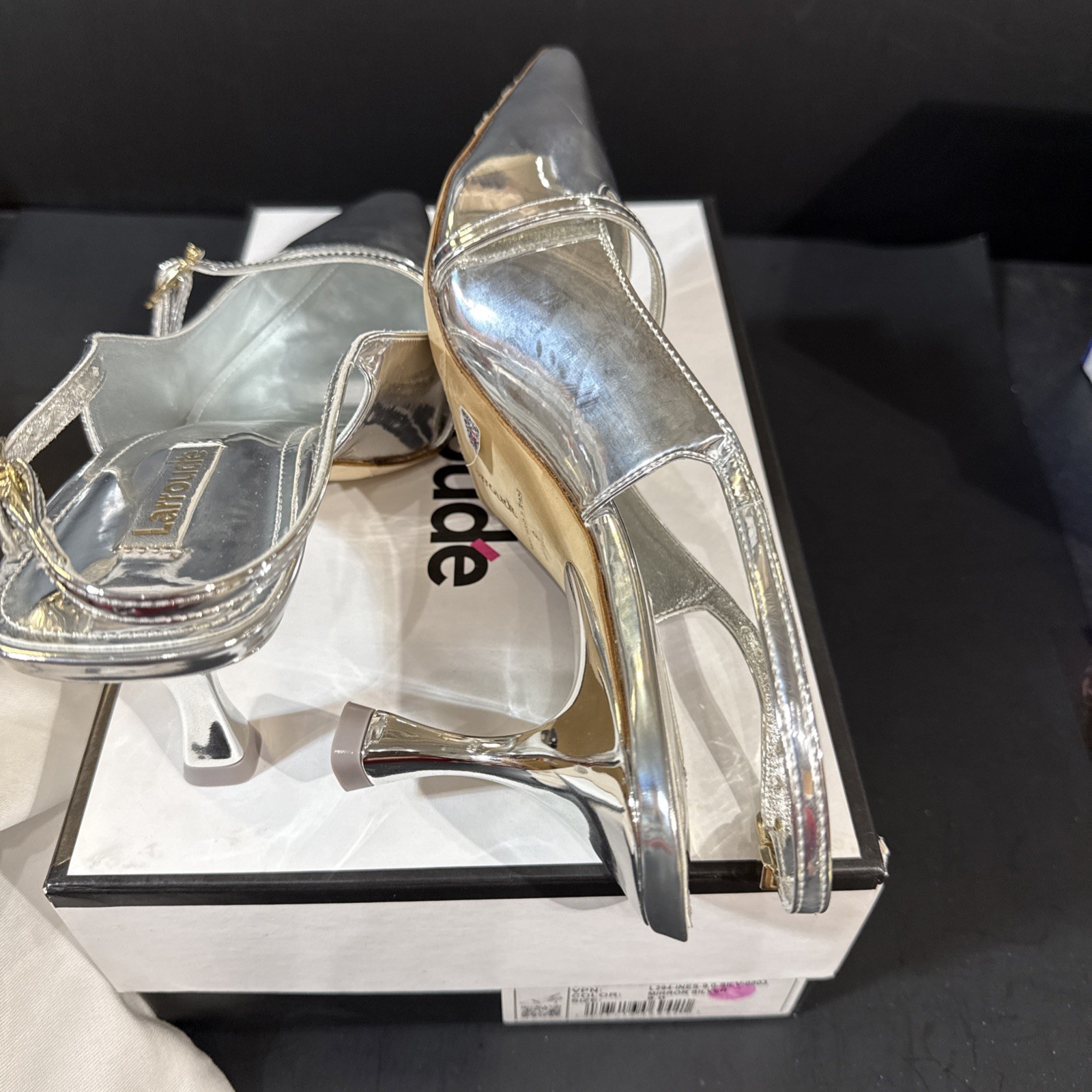 Larroudé Womens Ines Pump In Silver Specchio Pointy Toe Slingback Heel Sz 9 NIB
