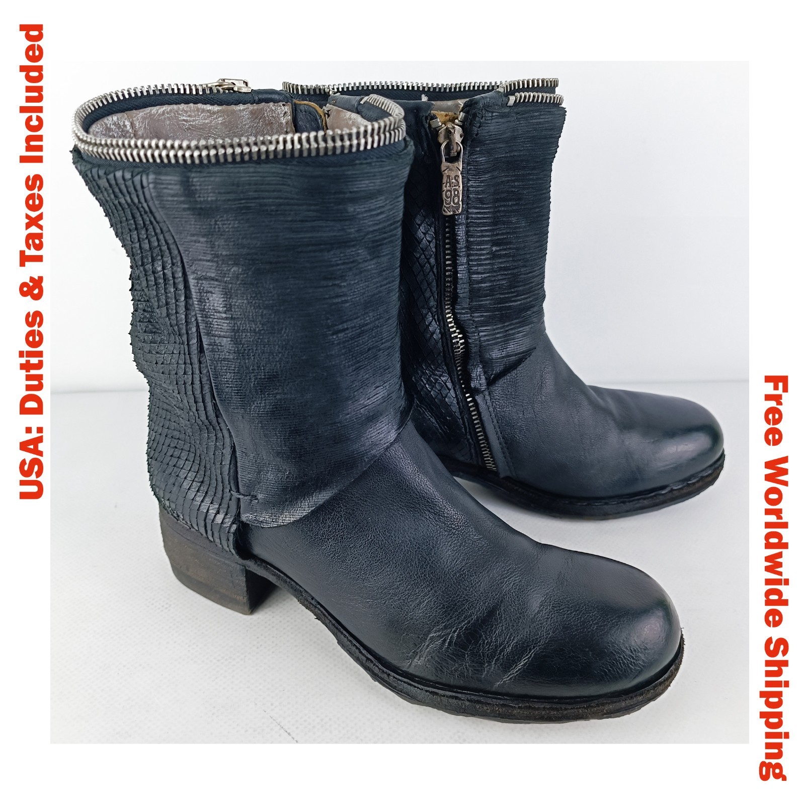 A.S.98 AirStep Womens Black Micro-textured Leather Biker Boho Boots Size EU 37