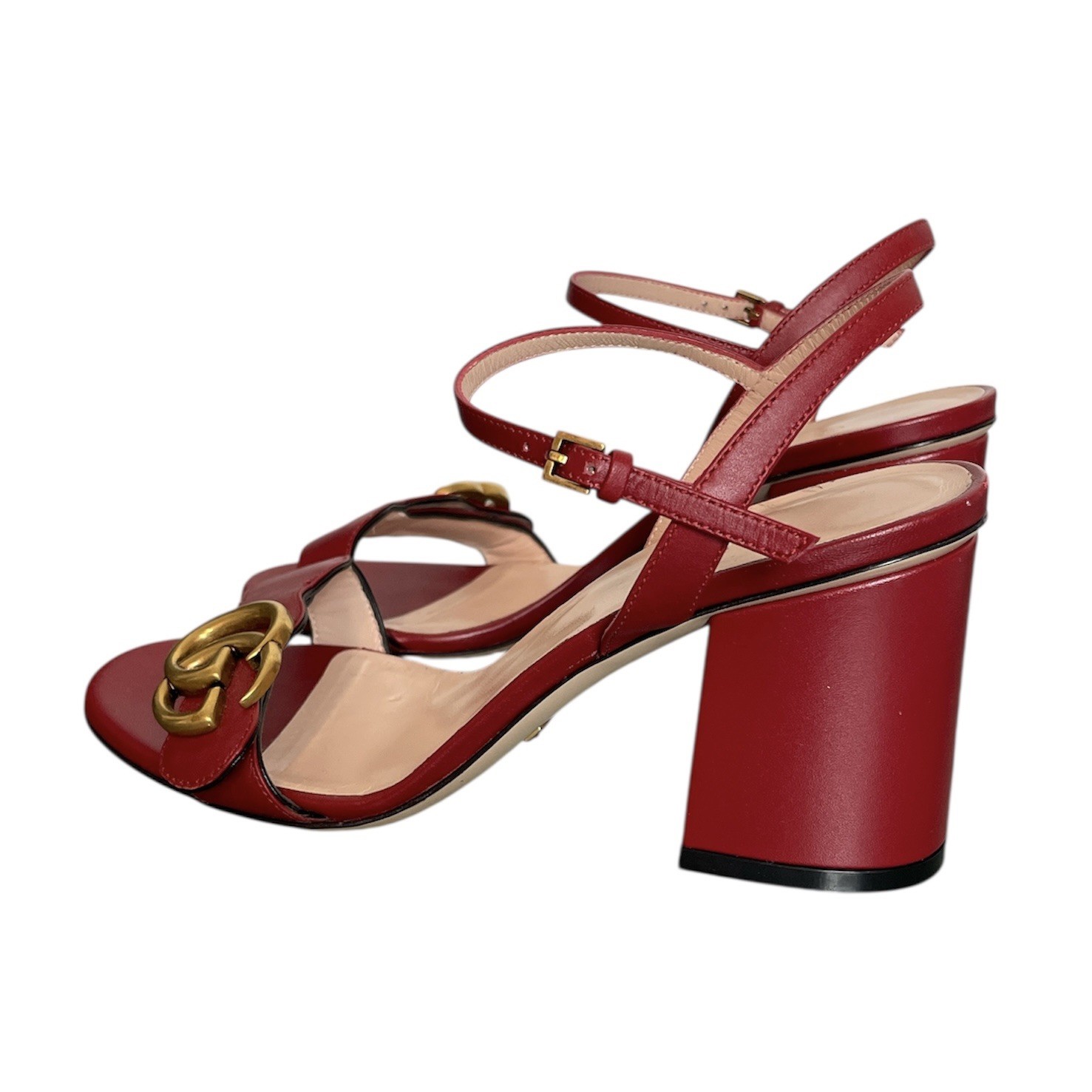 GUCCI Marmont Block Heel GG Logo Sandals Sz 35.5 Red Gold Lifford Galassia 75mm
