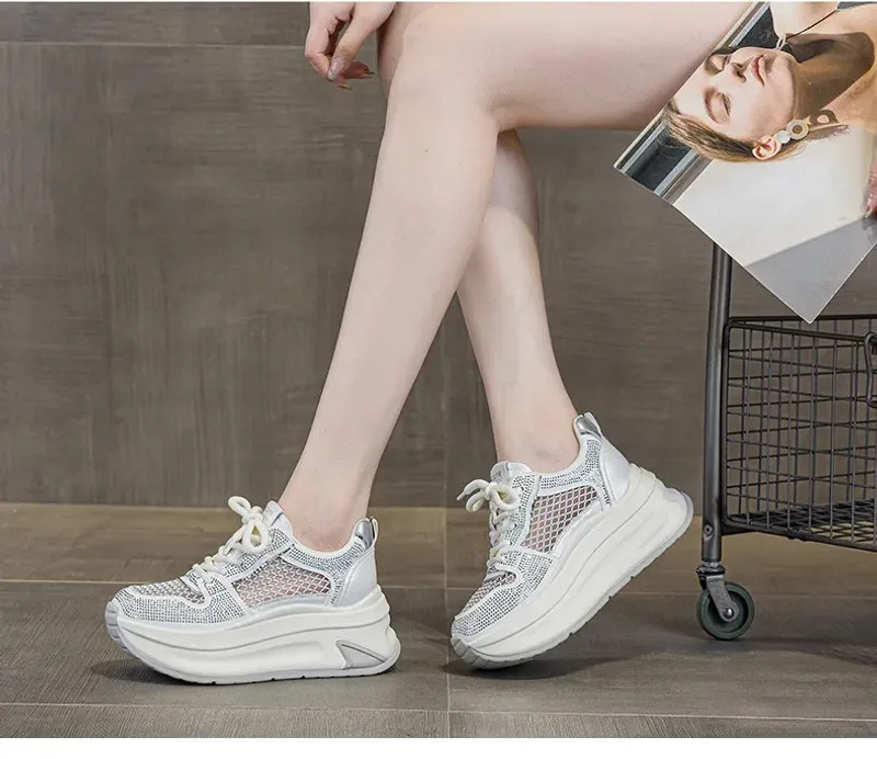 7cm Air Mesh Microfiber Leather Chunky Sneaker Shoes Women Platform Wedge Comfy