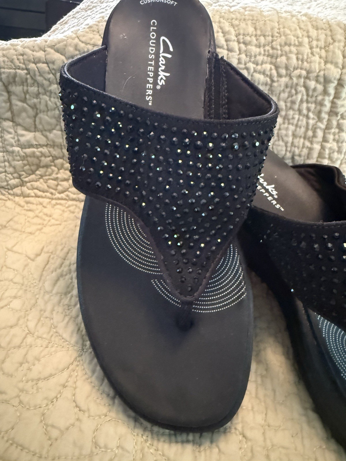 Clarks Drift Jaunt Cloud Steppers Sandals Rhinestone Thong Platform Black 6.5