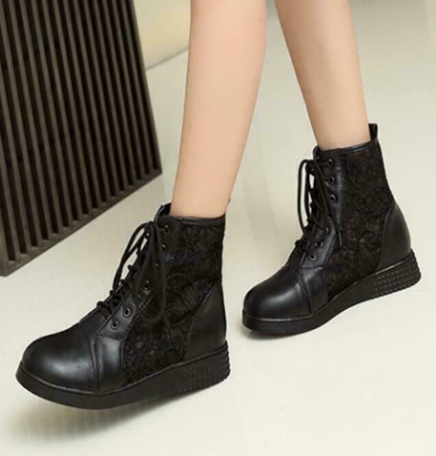 Womens Lace Up Mesh Wedge Hidden Heel Round Toe Faux Leather Ankle Boots Shoes