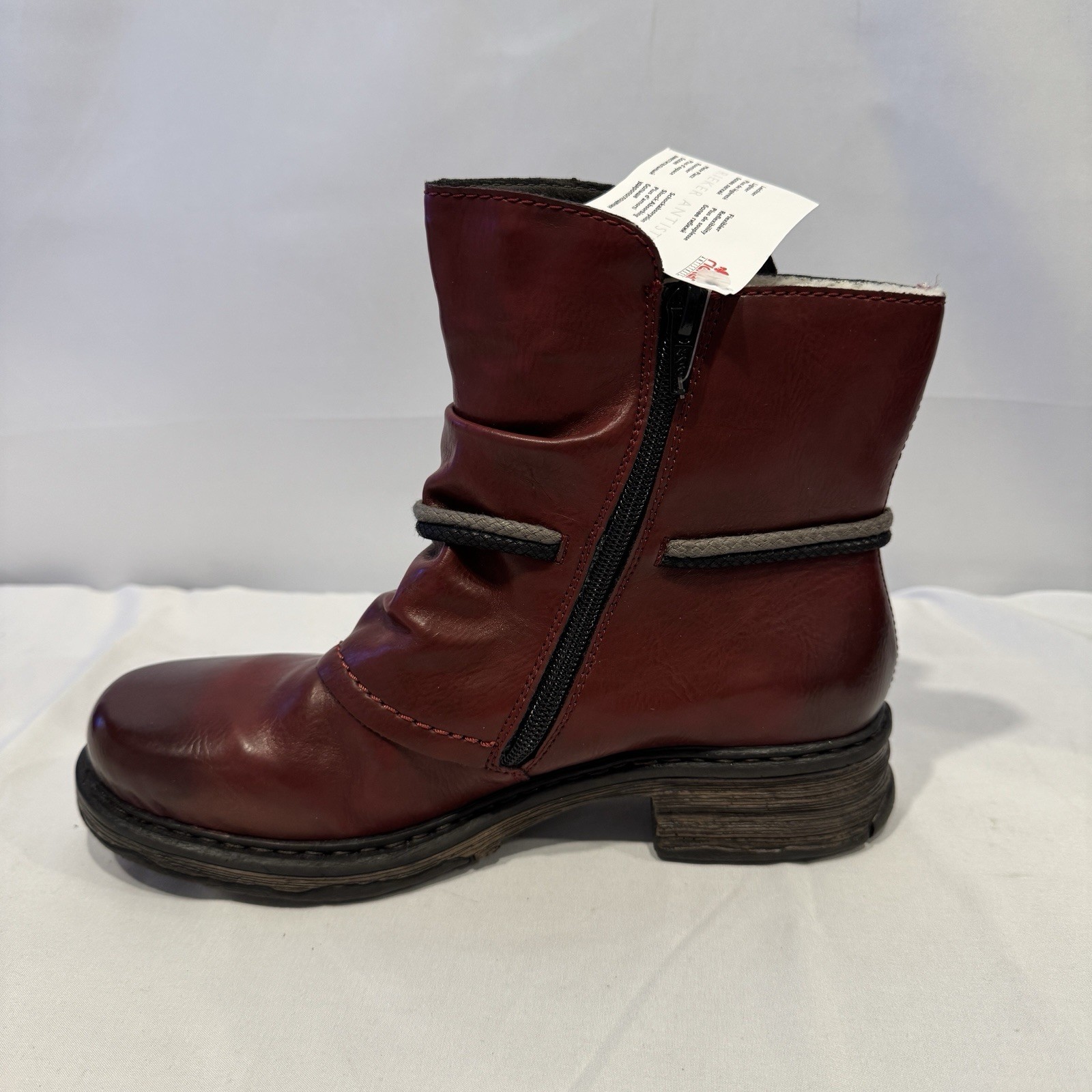 Rieker Womens Size 7 EUR 38 Ankle Boot Felice Wine Faux Leather Ruched Upper NWT