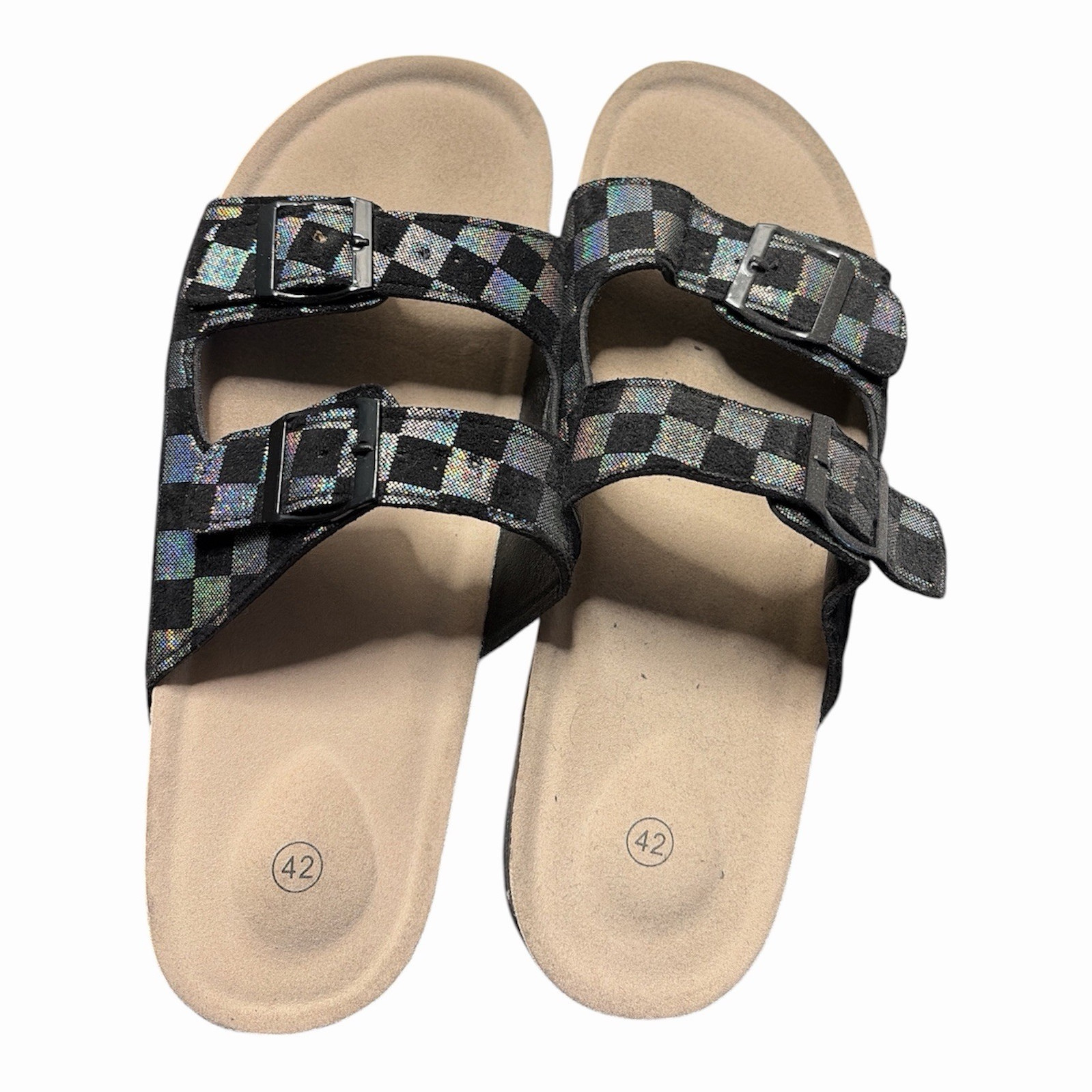 Women’s Check Buckle Slide Sandals Black/Silver Metallic Adjustable Straps EU 42