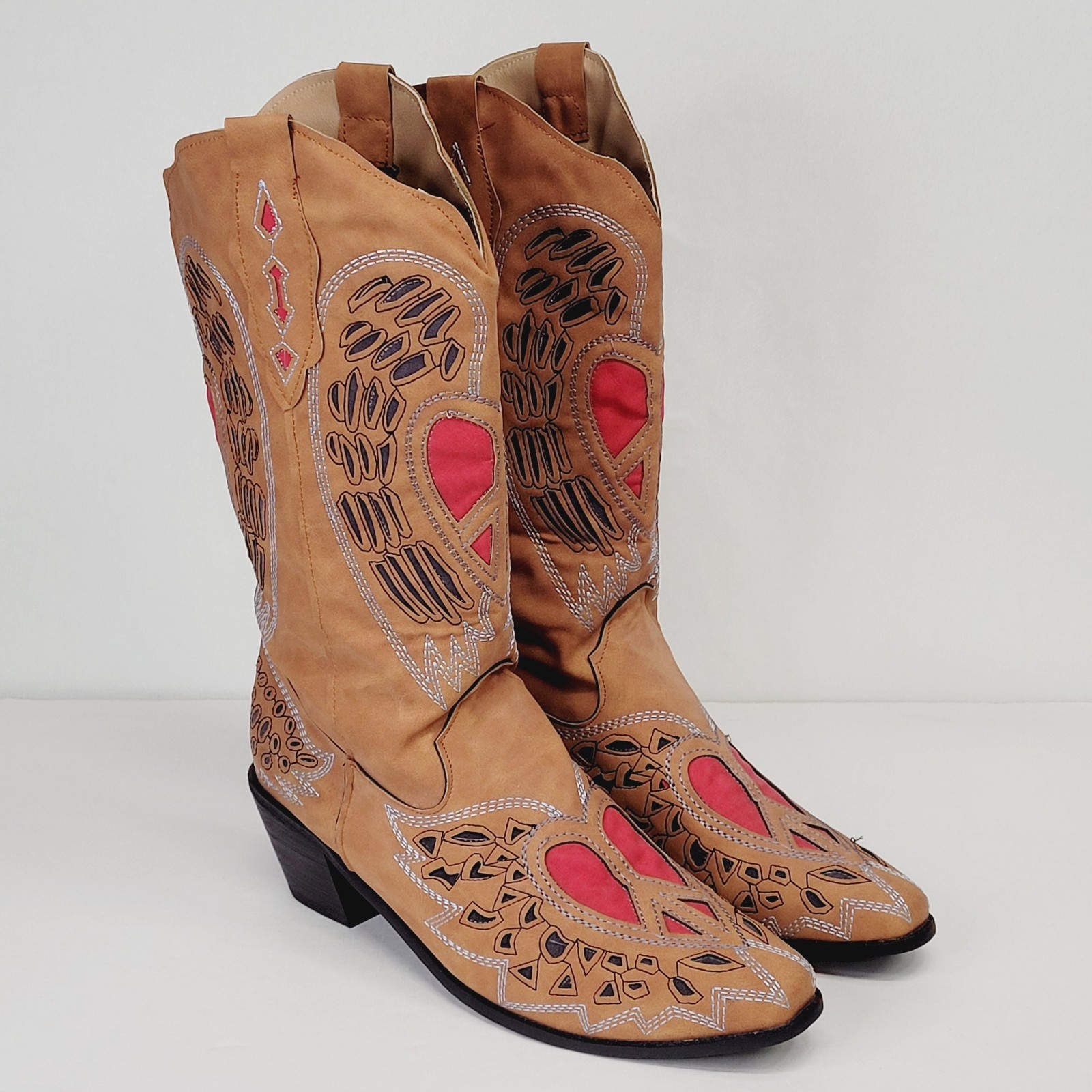Womens Heart Angel Wing Cowgirl Boots 9.5 Cowgirl Western Faux Suede Brown Red