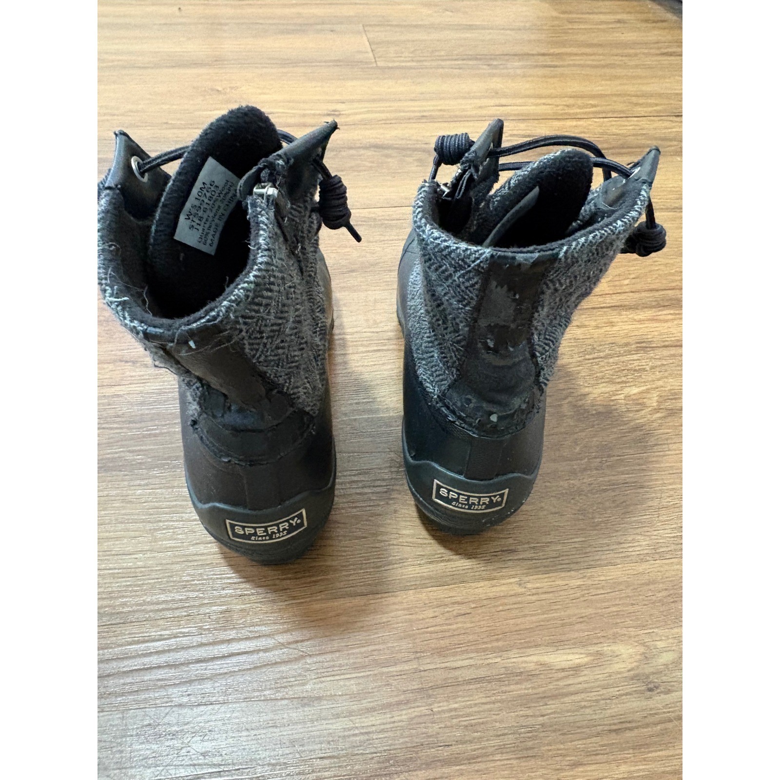 Sperry Saltwater Herringbone Wool Duck Boots Black Grey STS99766 Womens 10M