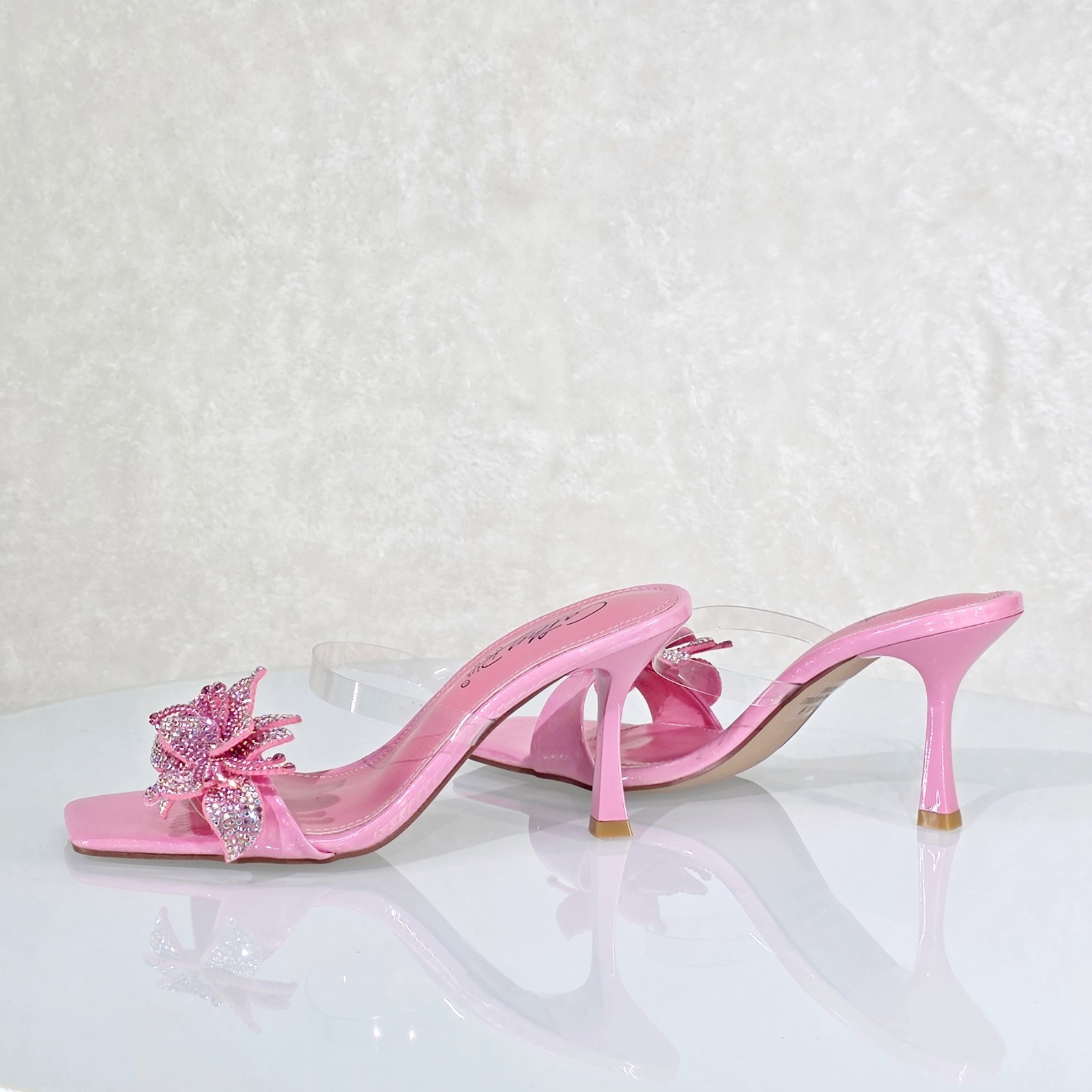 Lily Rhinestone Flower Pink Slip On 3.25″ Heel Casual Evening Party Shoes