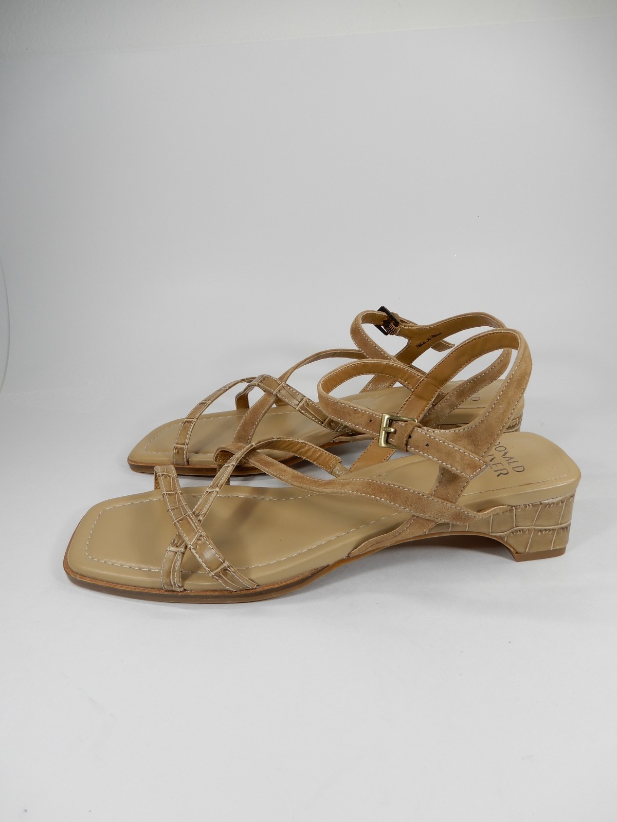Donald Pliner Cecilia Strappy Sandals Size 9 Low Heel Tan Croc Suede Leather NEW