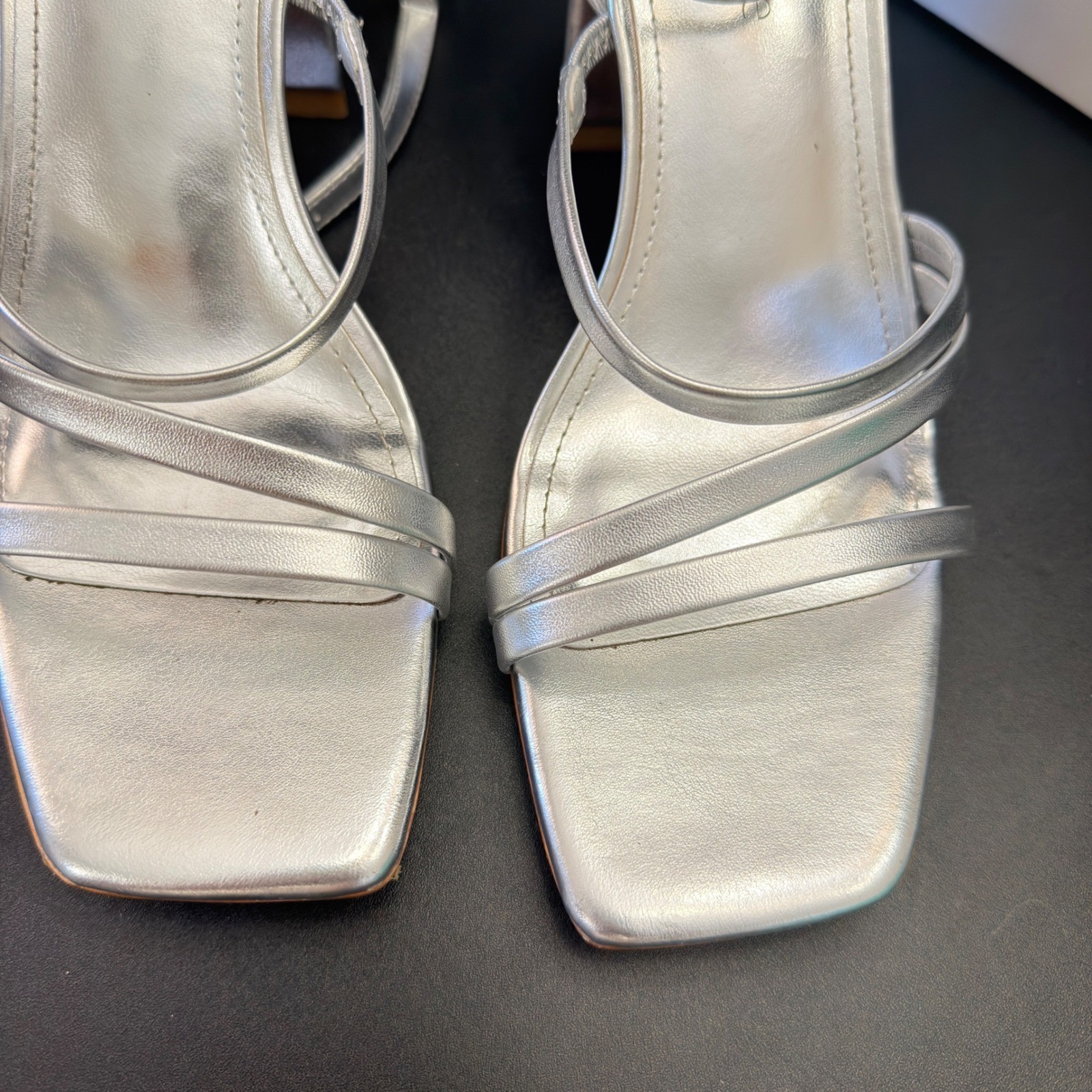 Modatope Silver Metallic Strappy Square Toe Block Heel Sandals Womens 6.5
