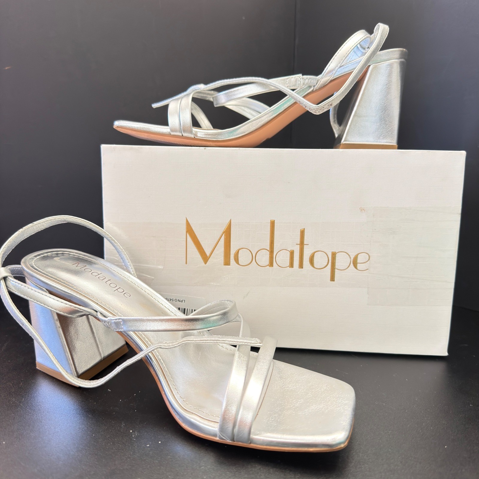 Modatope Silver Metallic Strappy Square Toe Block Heel Sandals Womens 6.5