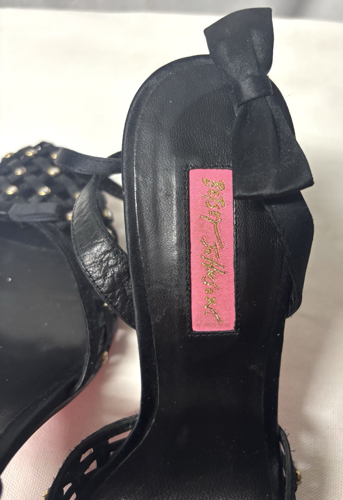 Betsey Johnson Women’s Satin Rhinestone Heels Ankle Strap and Bow Size 9 Black