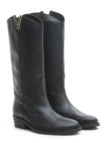 Texan Boots Via Roma 15 In Leather Black Venice With Gold V Art. 3982 Heel 5Cm