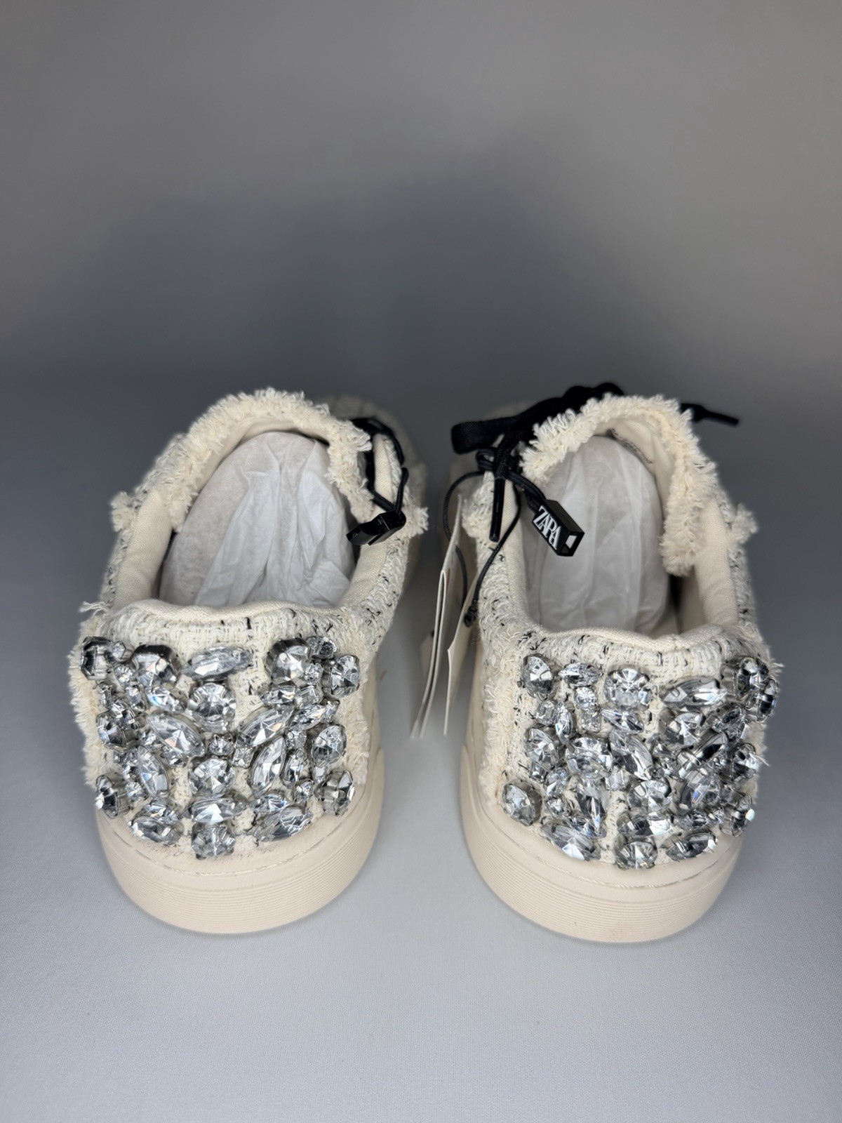 Zara Tweed Lace-Up Low Top Sneakers Ivory/Black/Silver Rhinestone 5812/110