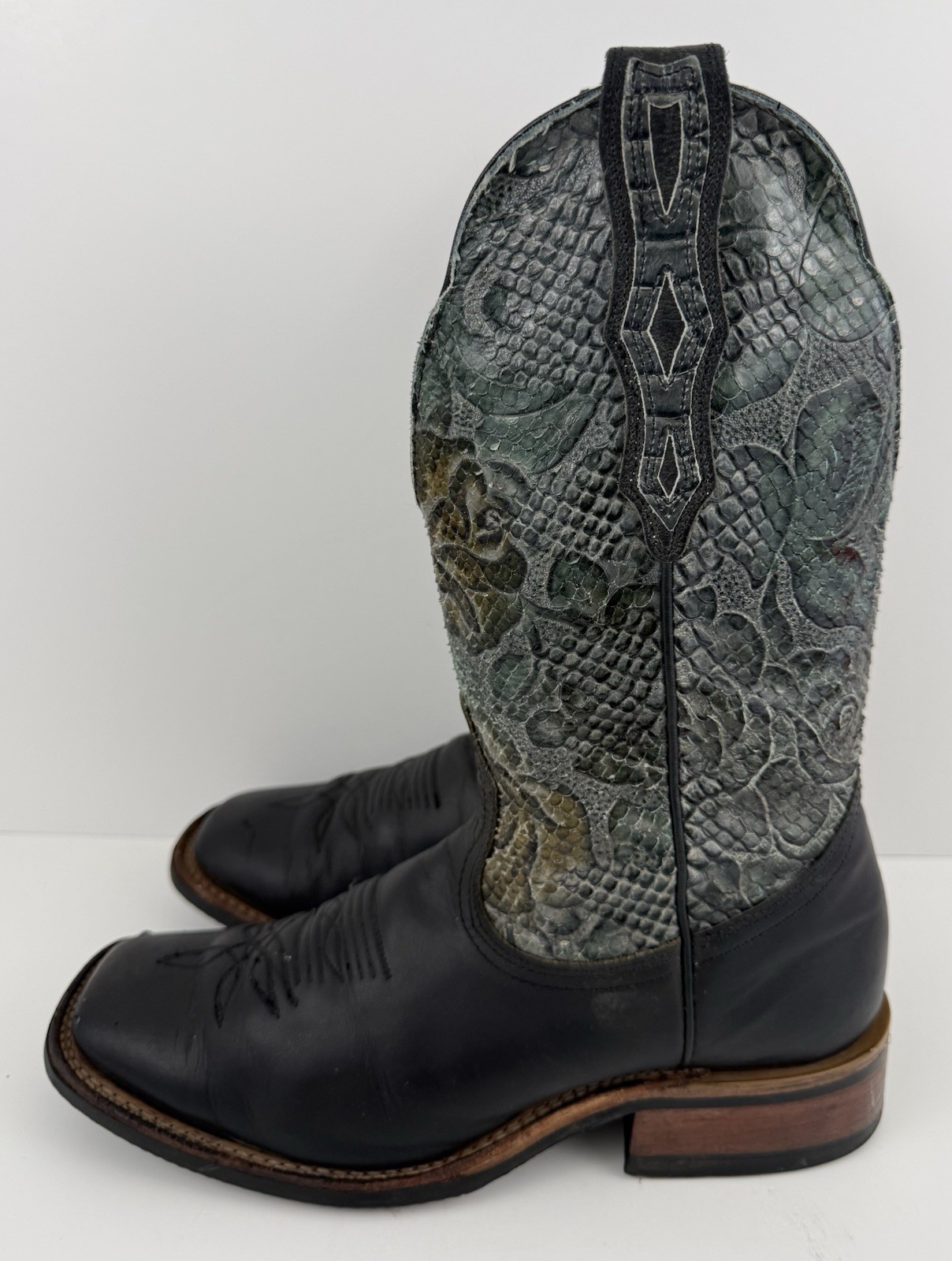 Boulet Brown Leather Green Black Python Shaft Square Toe Cowboy Boots Womens 8 C
