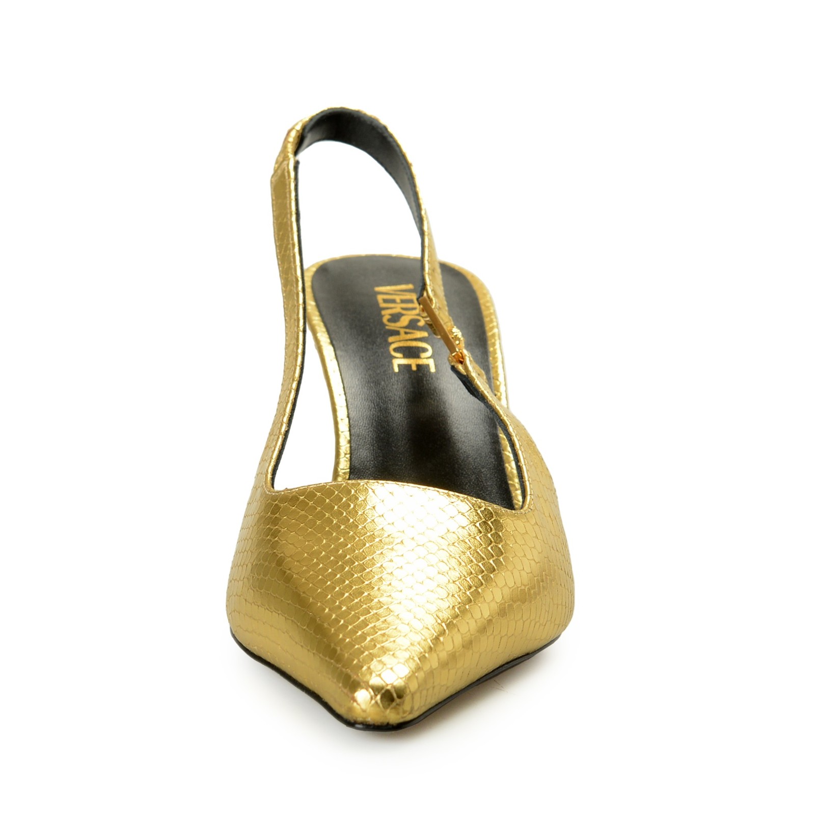 Versace Women’s Gold Snake Print Leather Heeled Slingback Pumps Shoes US 6 IT 36