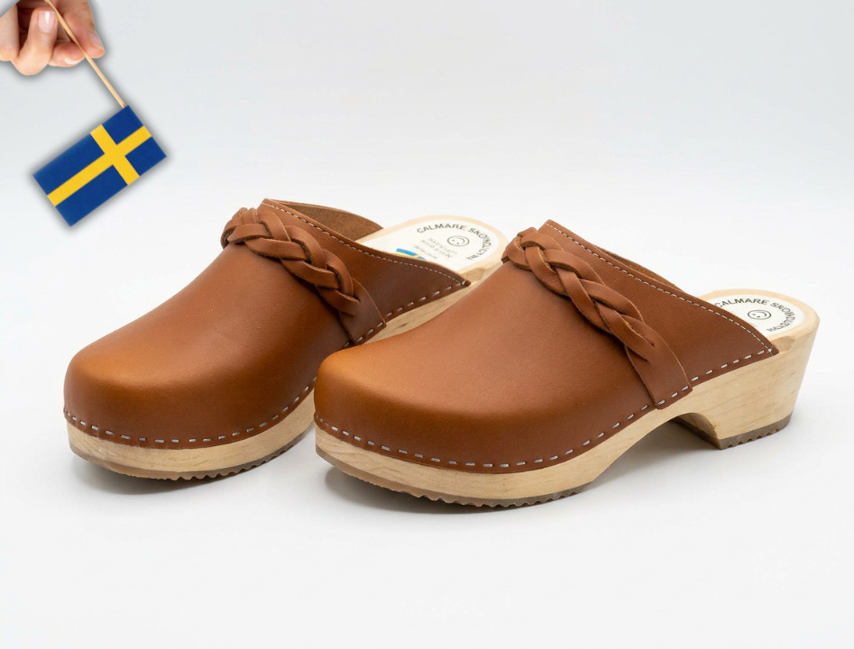 Swedish Wooden Clog Christina low heel, brown leather, Hand made in Sweden