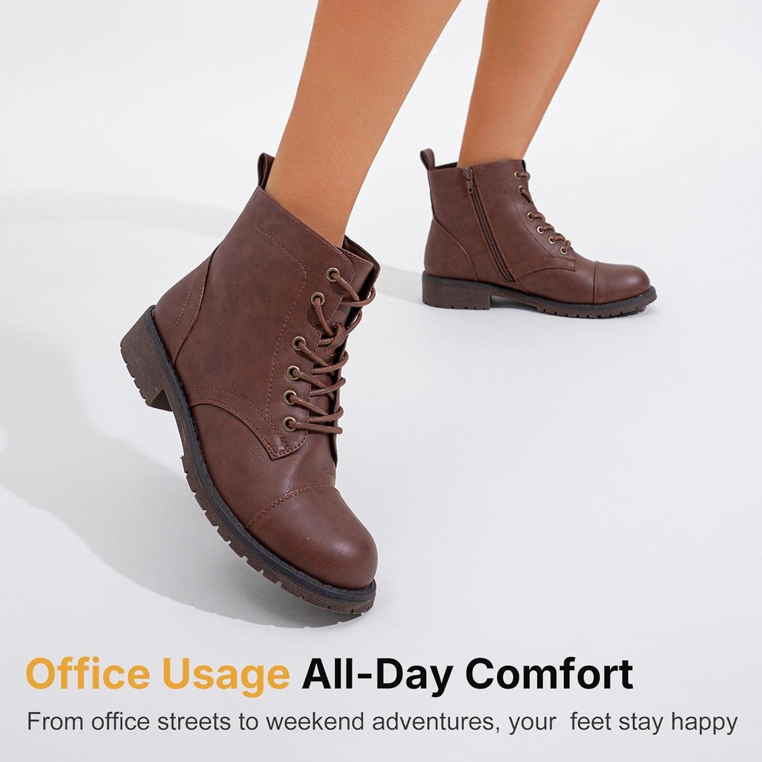 Vepose Women’s 910 Ankle Boots Lace up, Flat Combat Low Heel Cognac Size 8