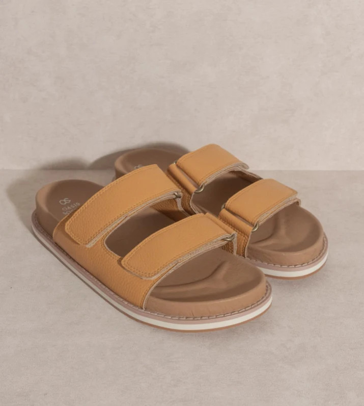 Tan Double Adjustable Strap Slide Summer Beach Sandals