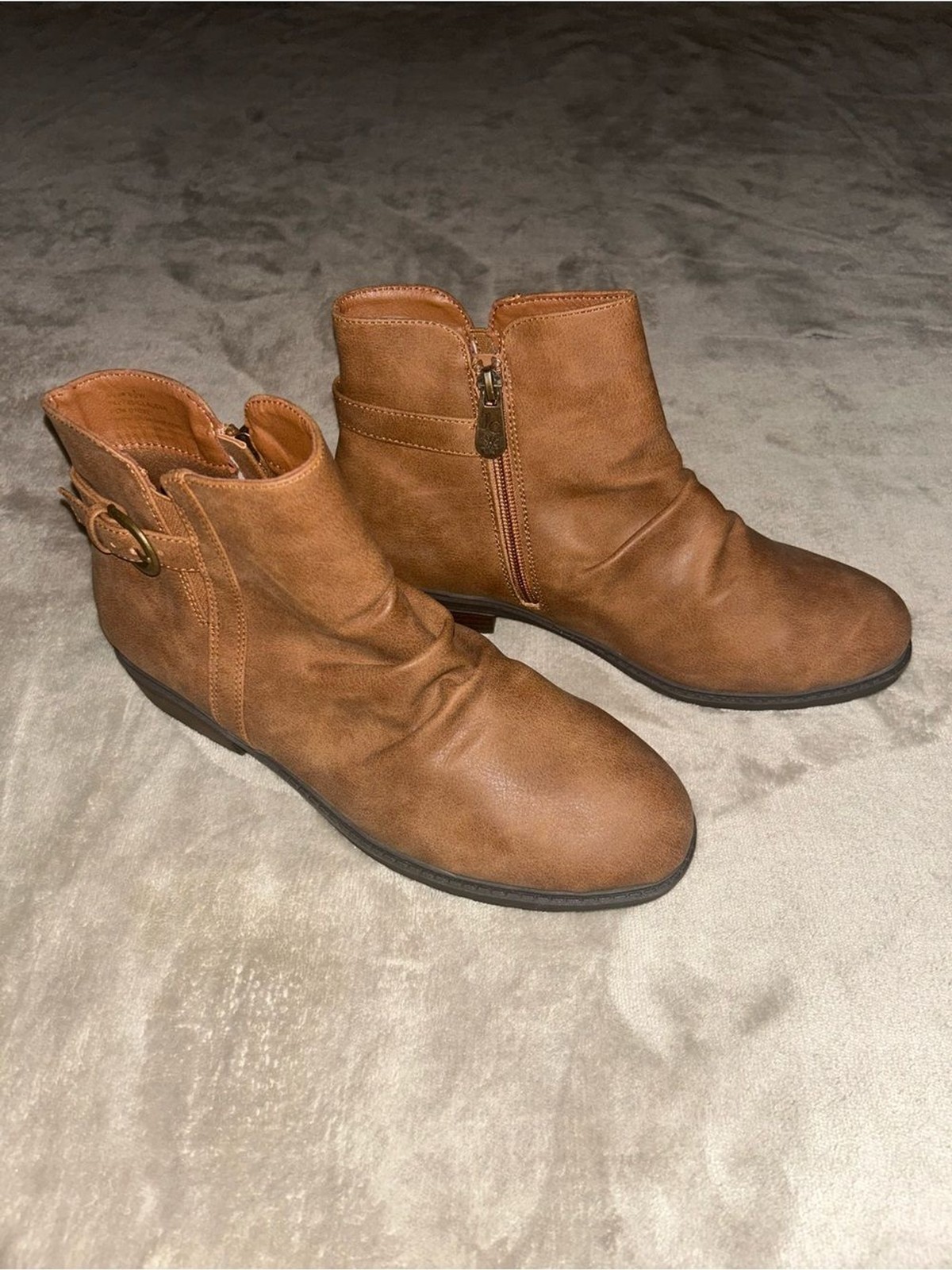Jessica Cline Women’s Tan 8.5W Ankle Booties with Side Zip and Buckle Detail