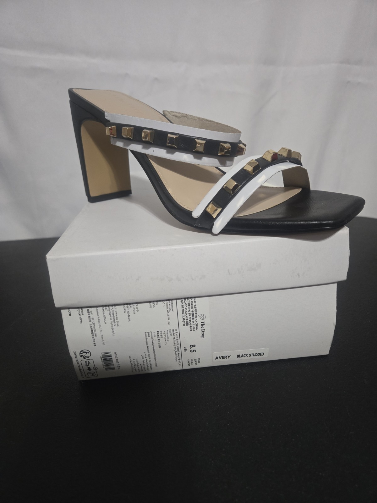 The Drop Women’s Avery Black Studded Square Toe Two Strap High Heels Size 7