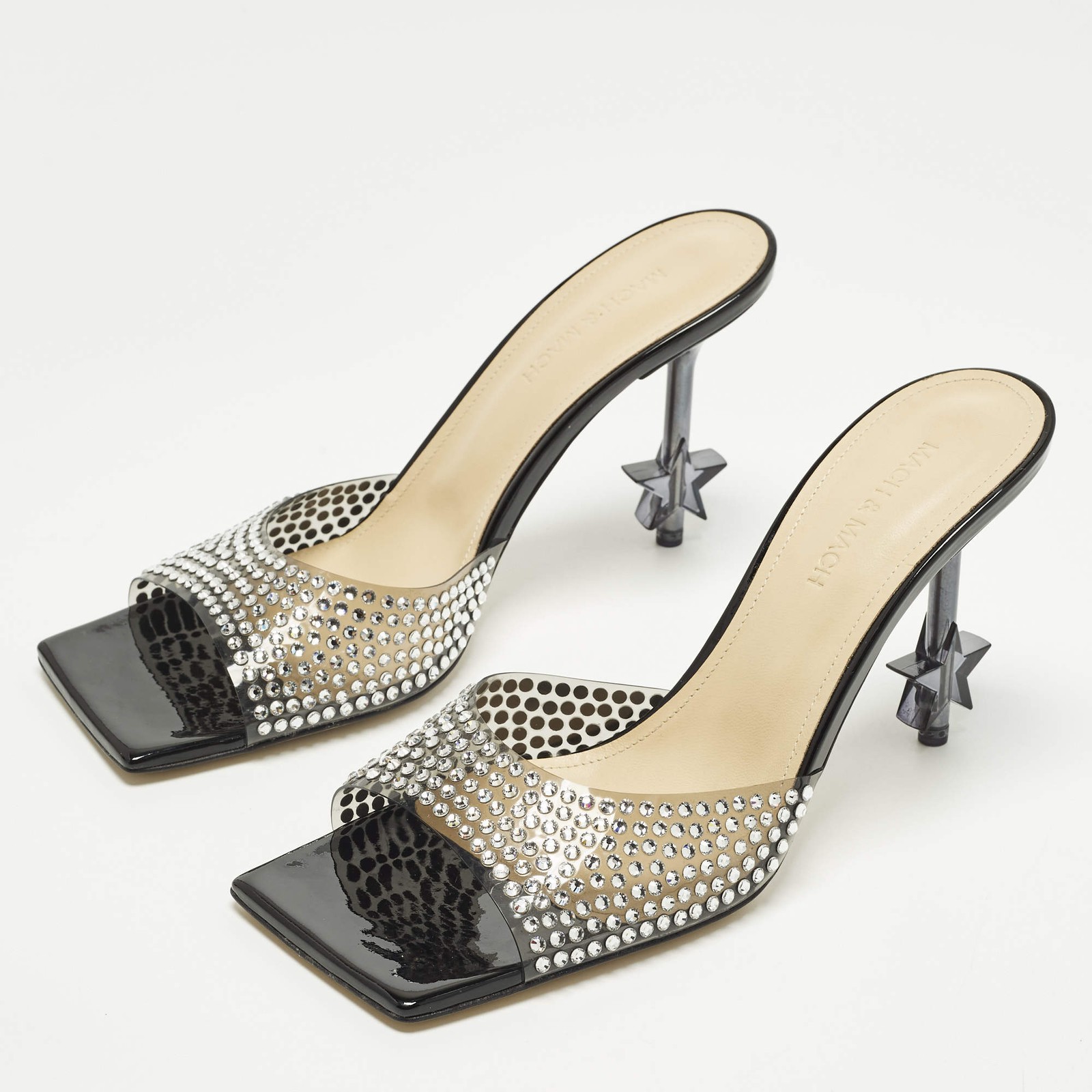 Mach Mach Star Size 39 Black PVC Crystal Embellished Slide Sandals