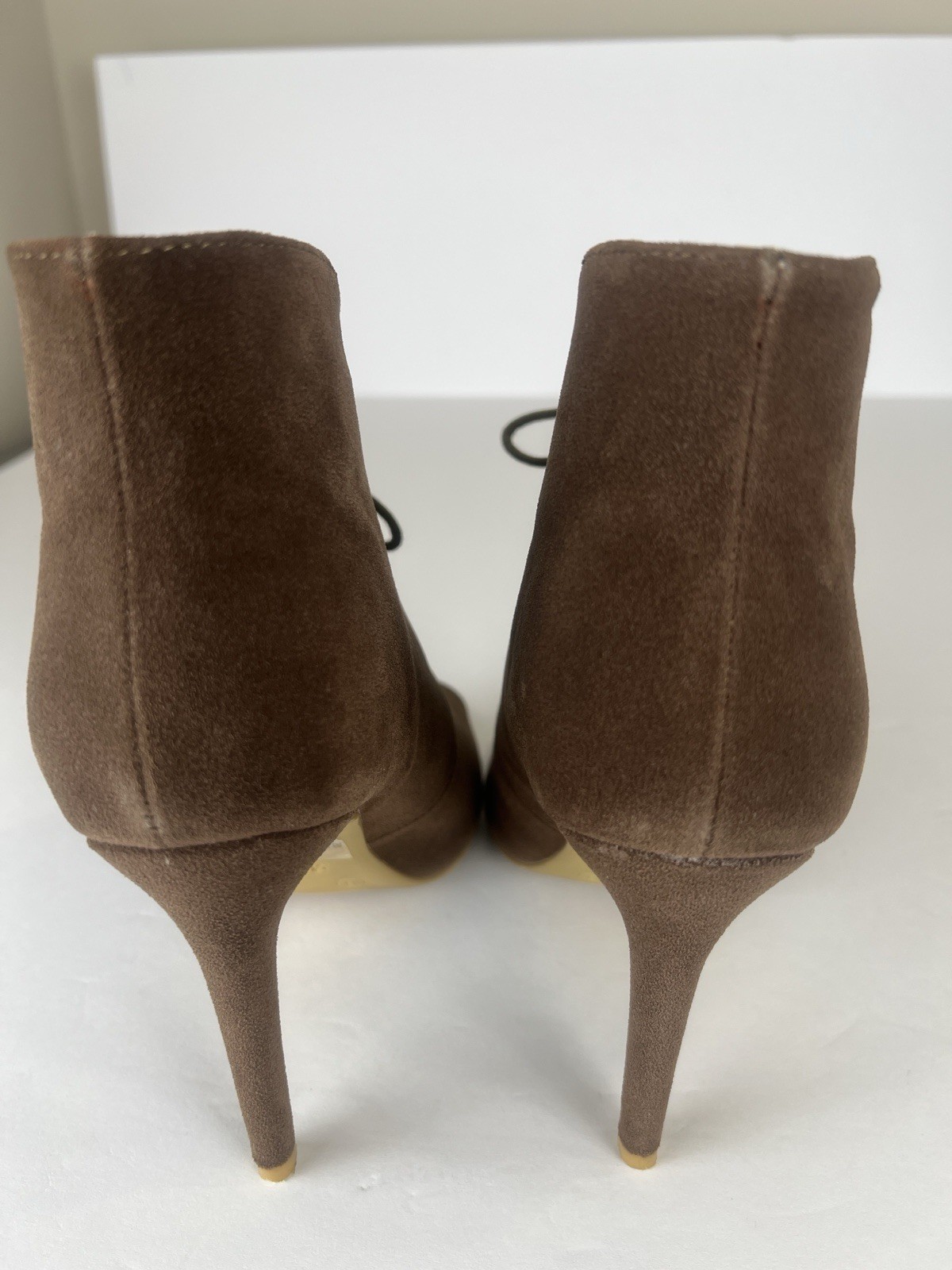 M & L Women’s Peep Toe Lace Up Ankle Booties Brown Faux Suede 9M