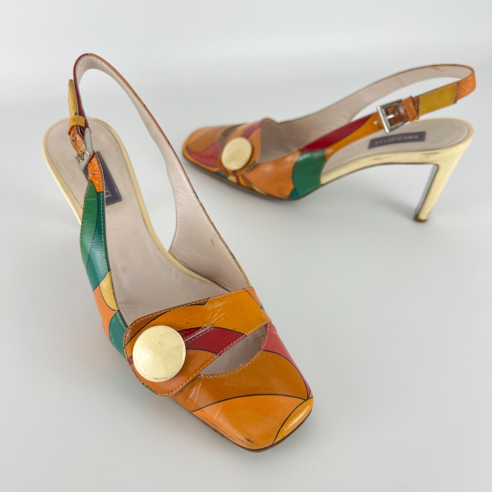 Emilio Pucci | Auth Vintage Orange Green Red Leather Slingback Sandal Heels (36)