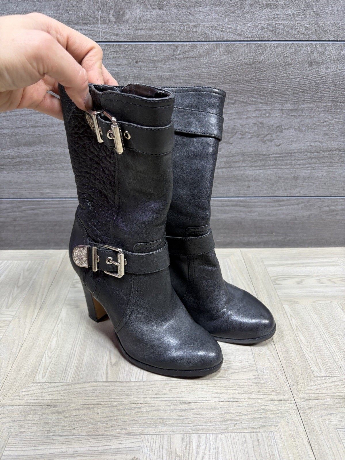 Vince Camuto Callison Buckle and Zipper Women 5.5 Black Leather Mid Calf Boots