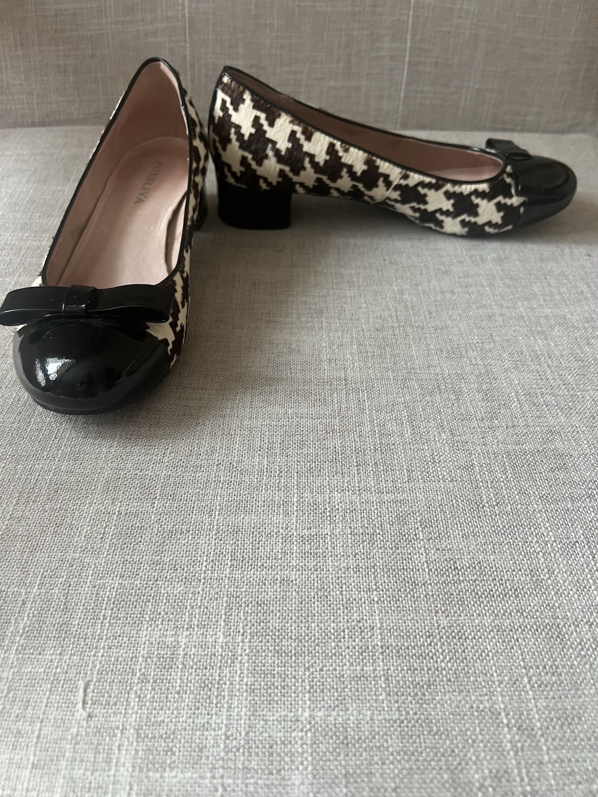 POTSILYA Women’s Black/beige Houndstooth Bow Slip-On Ballet Flats US 7.5