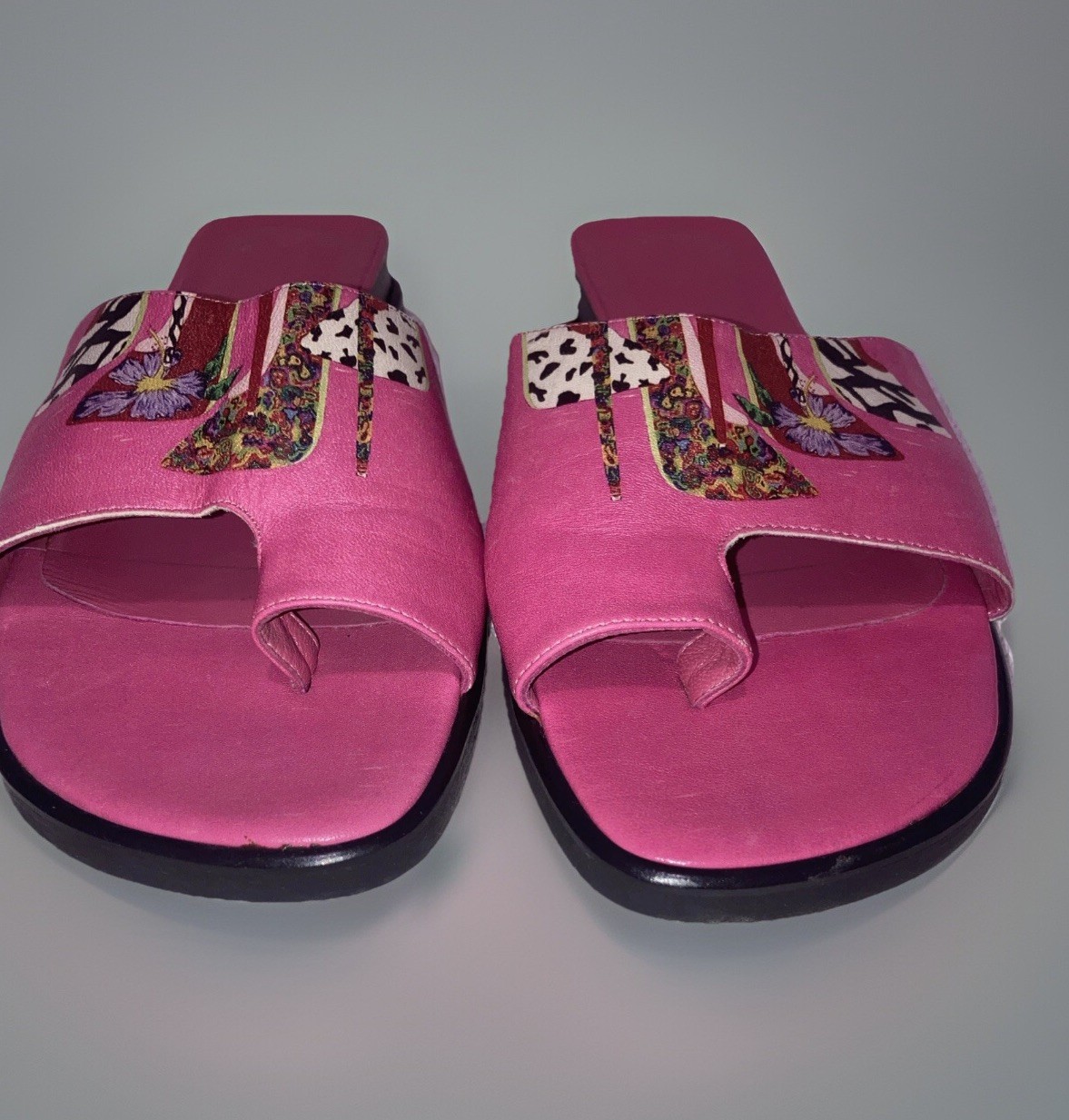 Icon Wearable Art Pink Leather Toe Ring Slide Sandals Hippie Boho Festival 7.5 M