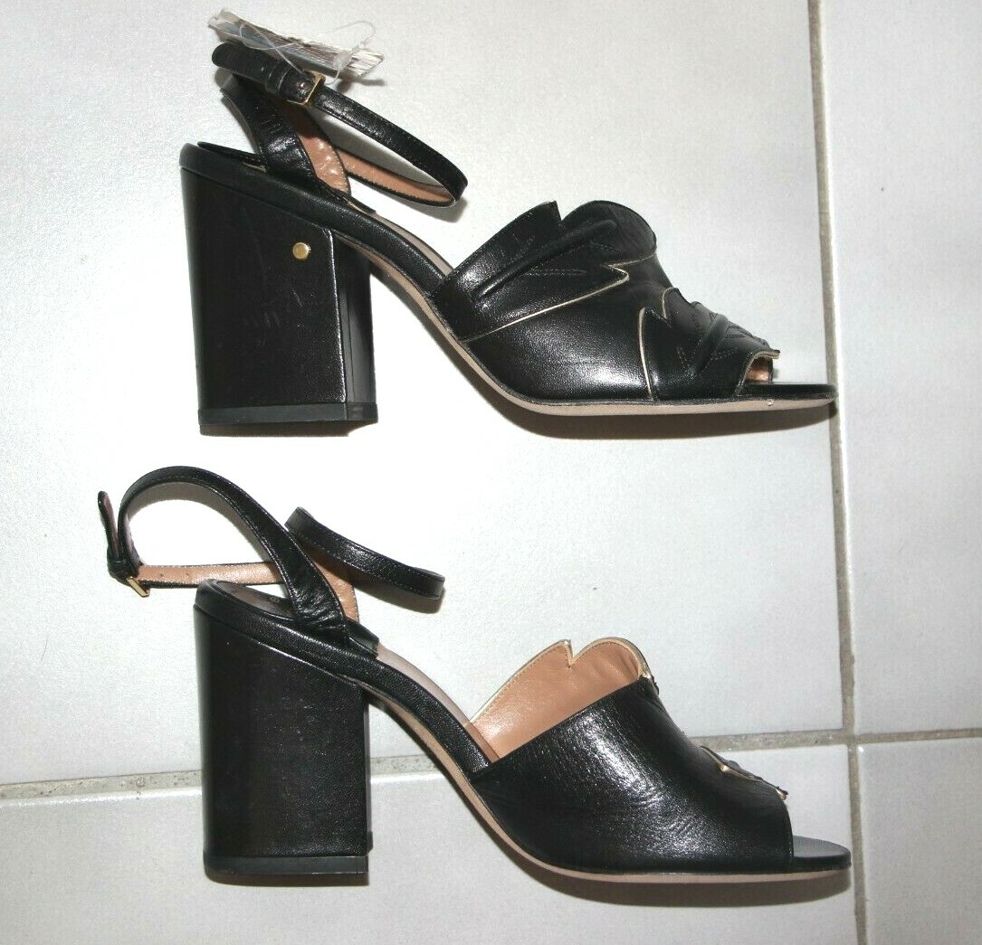 LAURENCE DACADE Rita Embossed Black Gold 3.5″ Heel Sandals sz US 6/IT 36 $810