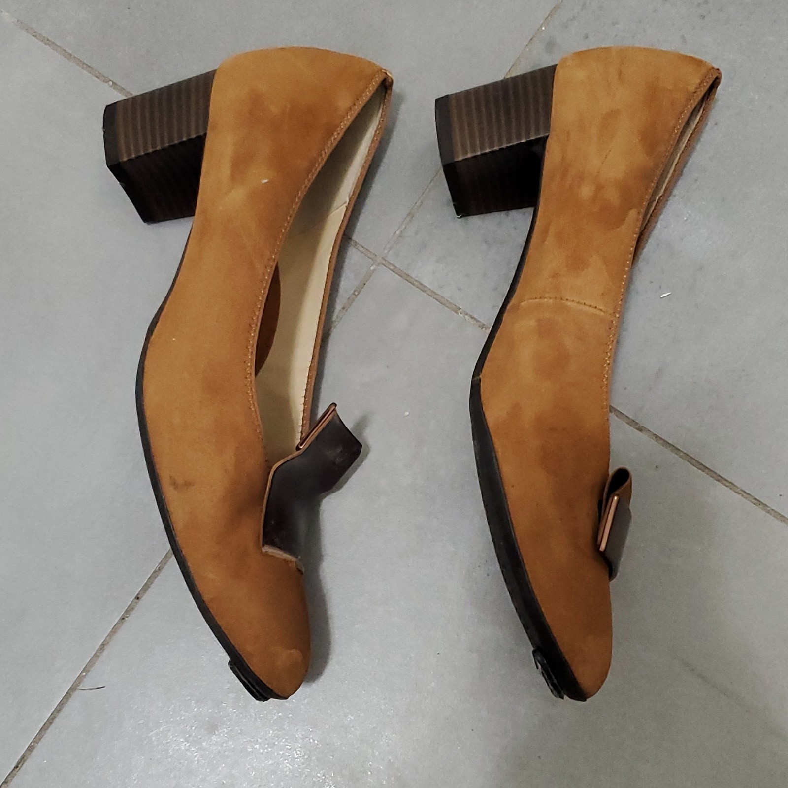 Ara Womens 9 Brown Suede Solid Slip-On Pumps Block Heel Metal Buckle Comfort