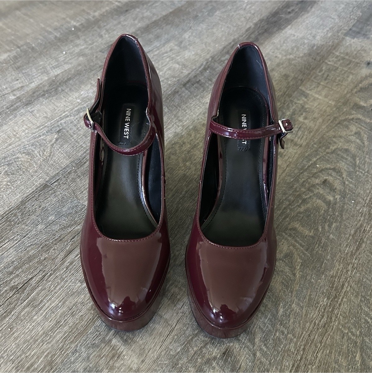 Nine West Burgundy Patent Leather Mary Jane Platform Block Heel Round Toe