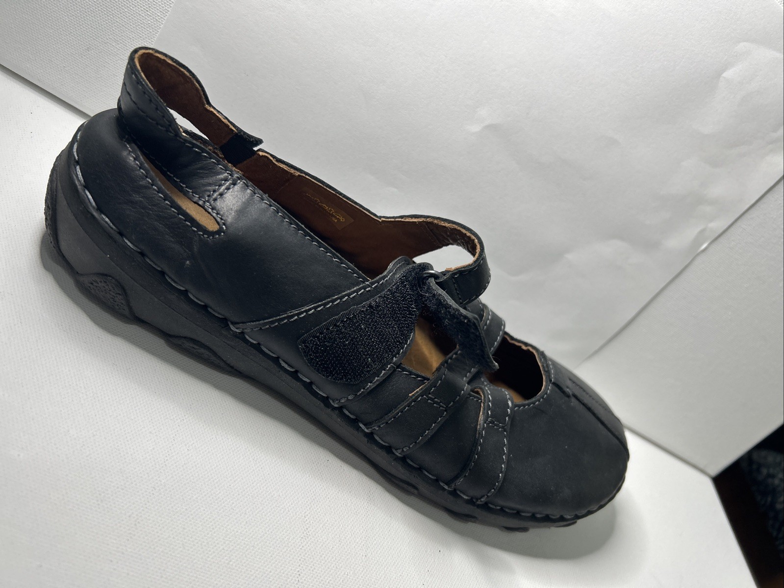 New Josef Seibel Black Leather Shoes 11 Hook & Loop Strap
