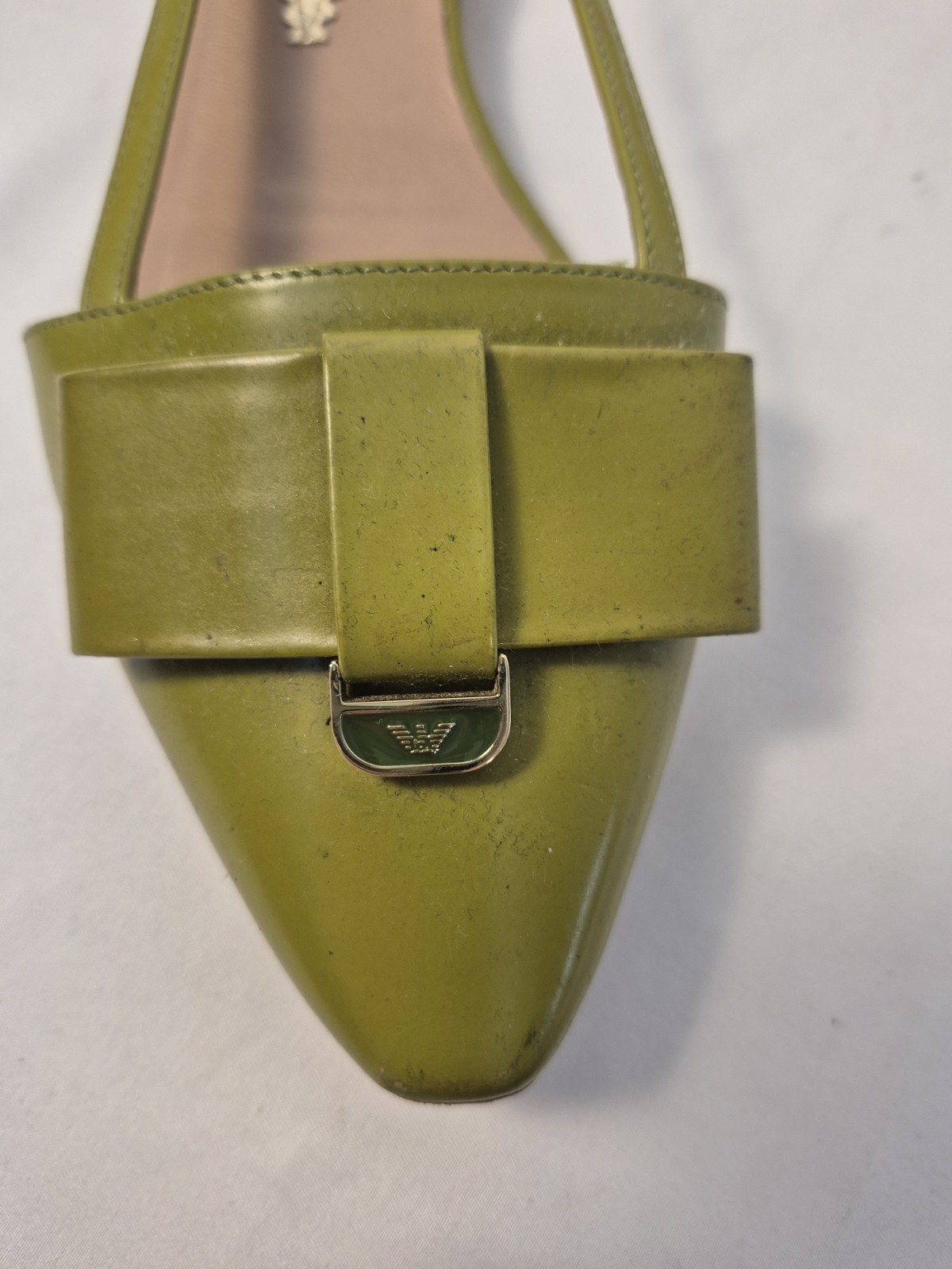 Emporio Armani Green Leather Pointed Toe Slingback Flats Bow Made In Italy Sz38