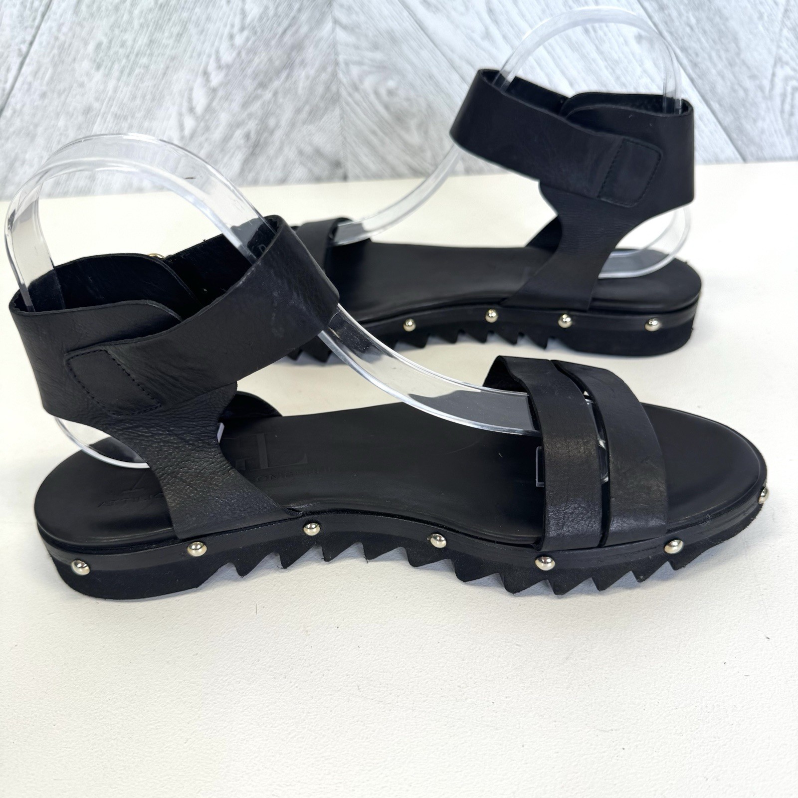 AGL Ankle Wrap Sandals Black Leather Platform Studded Lug Sole EU 39 US 8.5-9