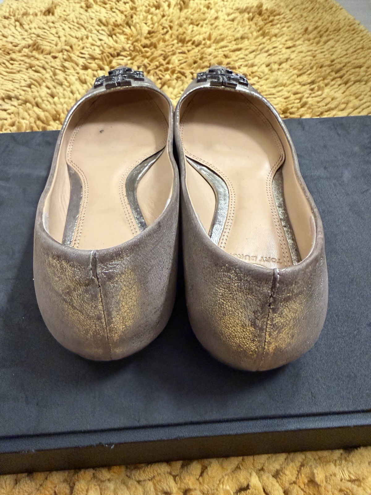 Tory Burch Metallic Pewter Pointed Toe Flats with Crystal T Cross Logo Size 7