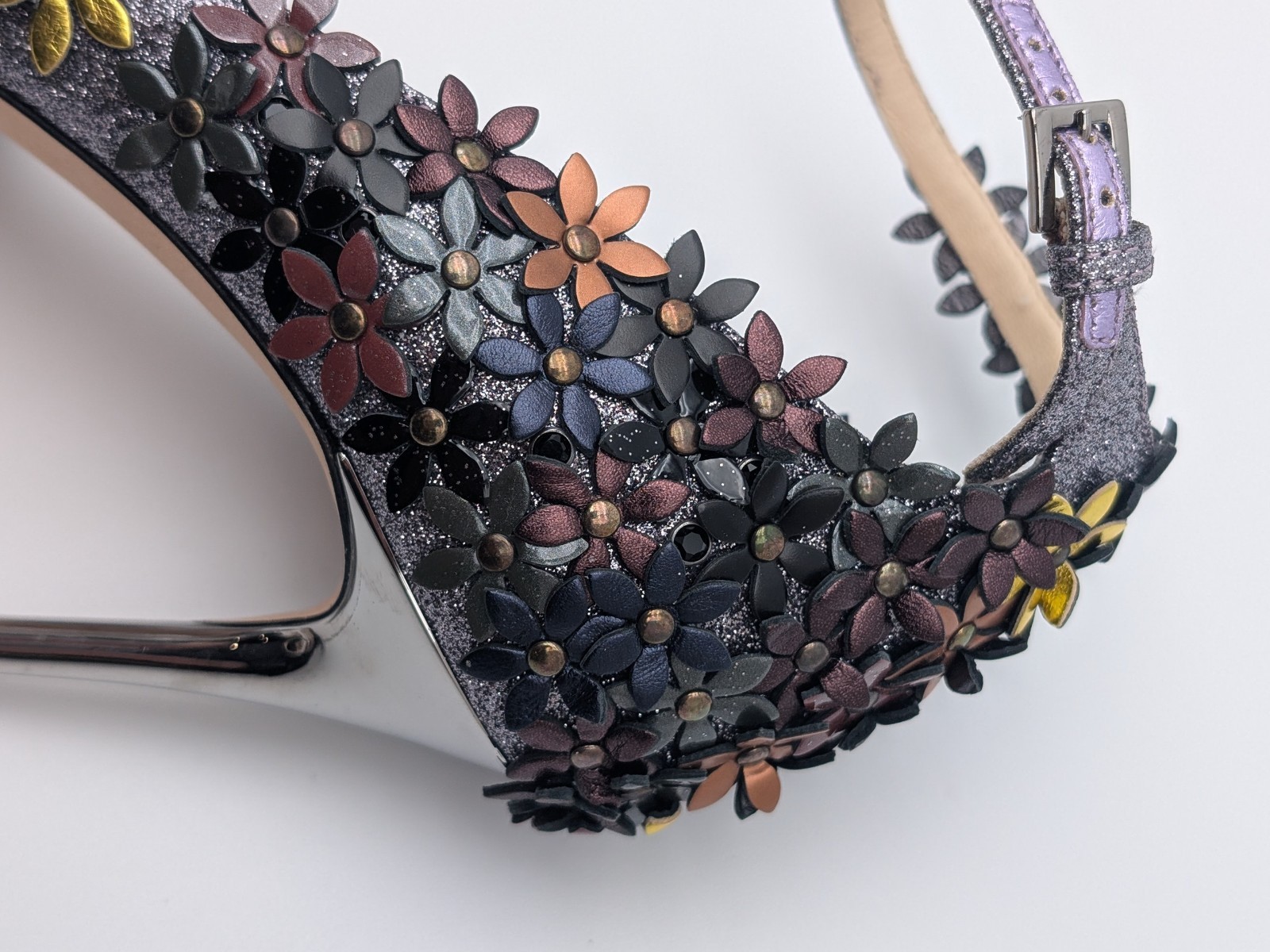 Wms Jimmy Choo Lorelai 100 FGW 155 Fine Glitter Leather Heels US 7.5 / EU 37.5