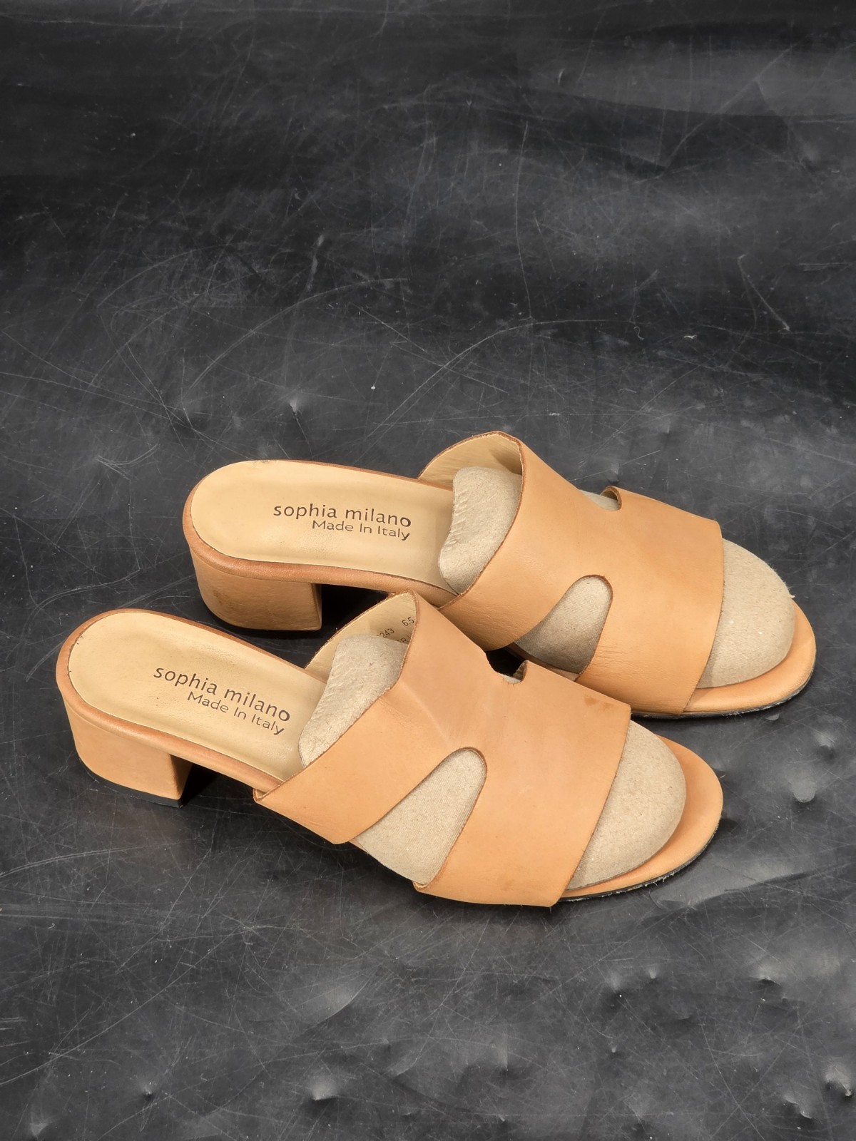 Sophia Milano Tan Leather Open Toe Block Heel Sandal 6.5 Made In Italy