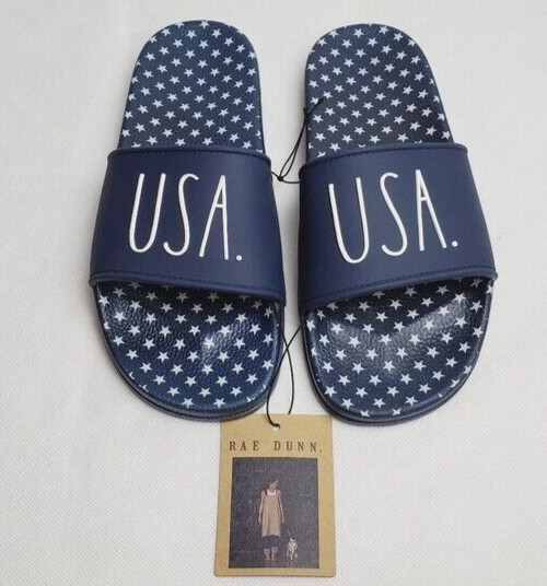 Rae Dunn USA Slides Women Slip-on Flat Sandals Navy Blue Stars Size 6, 8, 9, 10