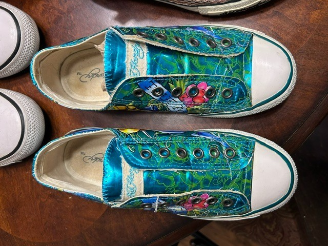 Ed Hardy Green Metallic Glitter True To My Love Tattoo Shoes Low Rise Slip On 5
