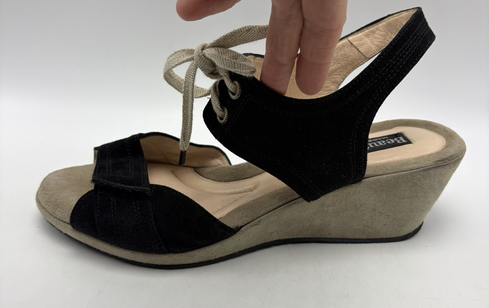 Beautifeel Wedge Sandals Womens 9 Black Suede Leather Tie EU 40 Israel Read