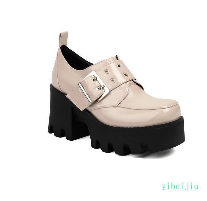 Women’s Leather High Heel Shoes Square Toe Creeper Plus Size Platform Thick Sole