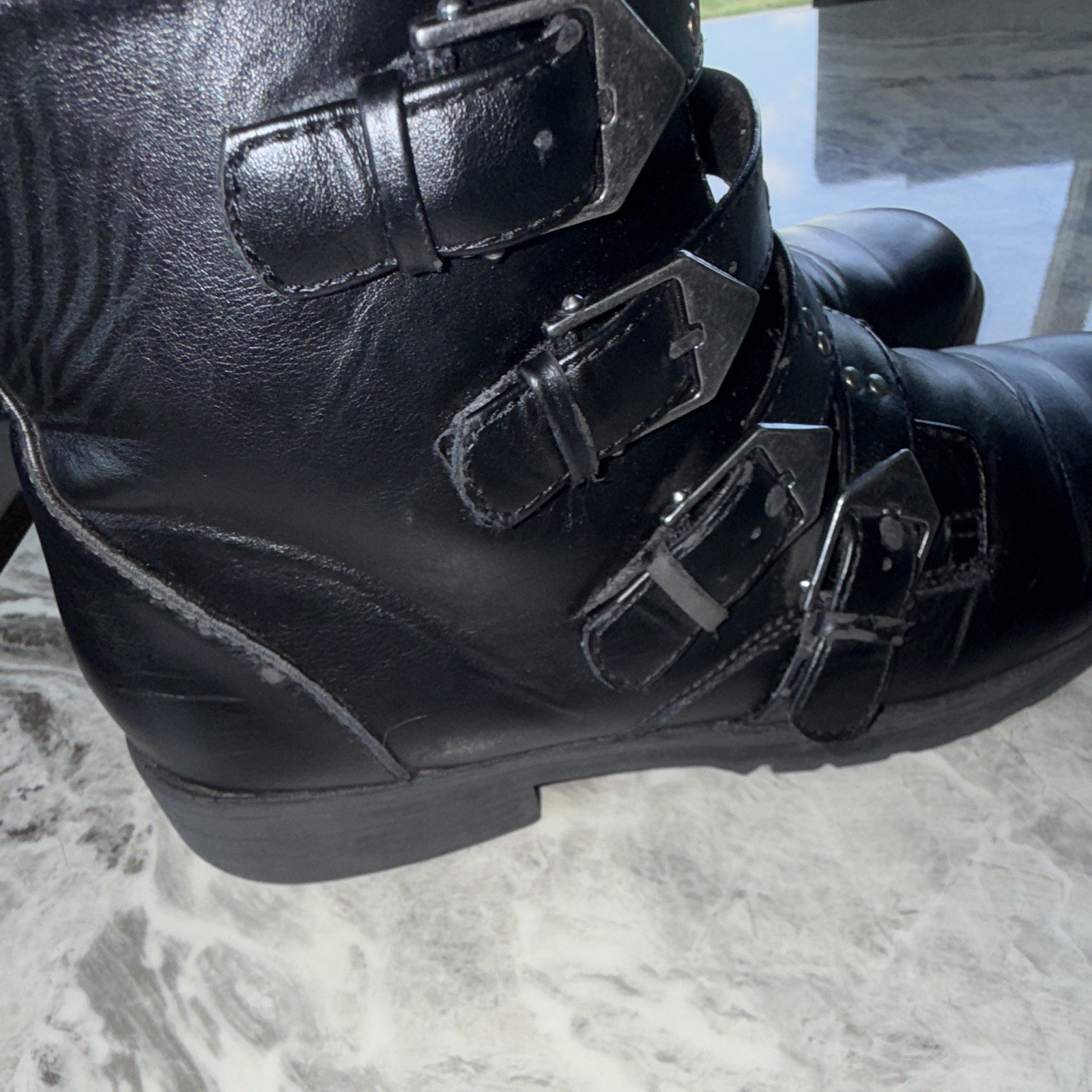 Black Leather Ankle Bootie Multi-Buckle Straps Studded Zip Round Toe 10