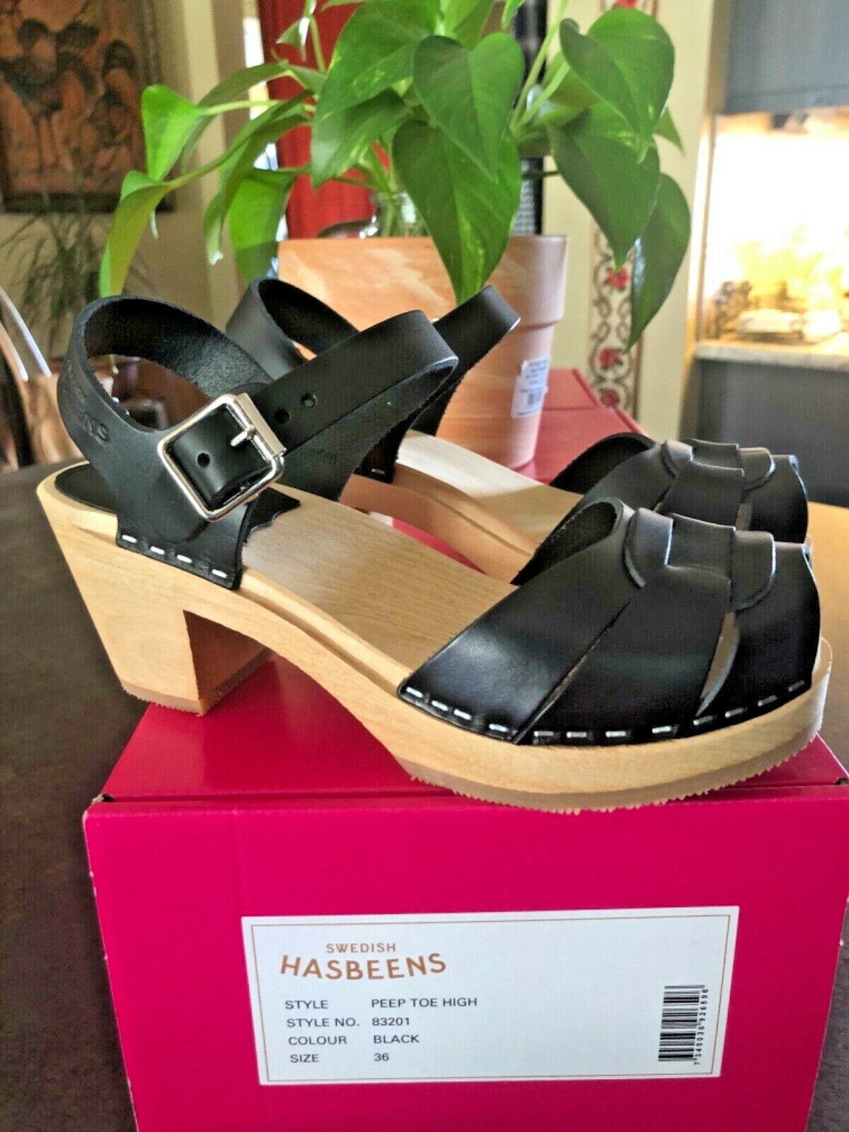 Swedish Hasbeens PEEP TOE HIGH Wood Clog Sandals BLACK Size 36 US 6.5? NEW