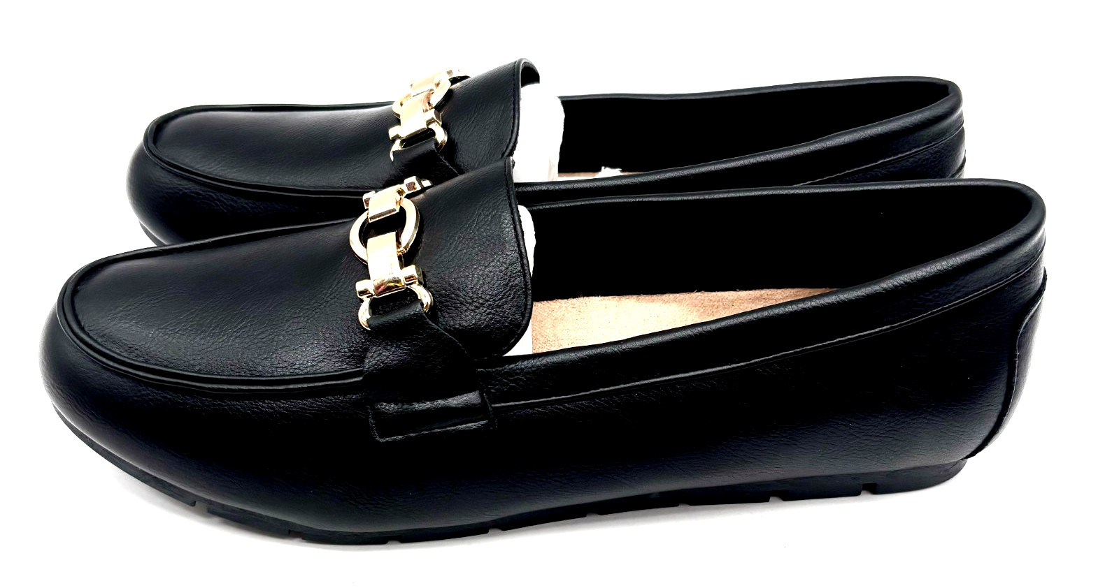 Women’s Black Leather Round Toe Gold Tone Buckle TopSlip-On Loafers Size 12 New