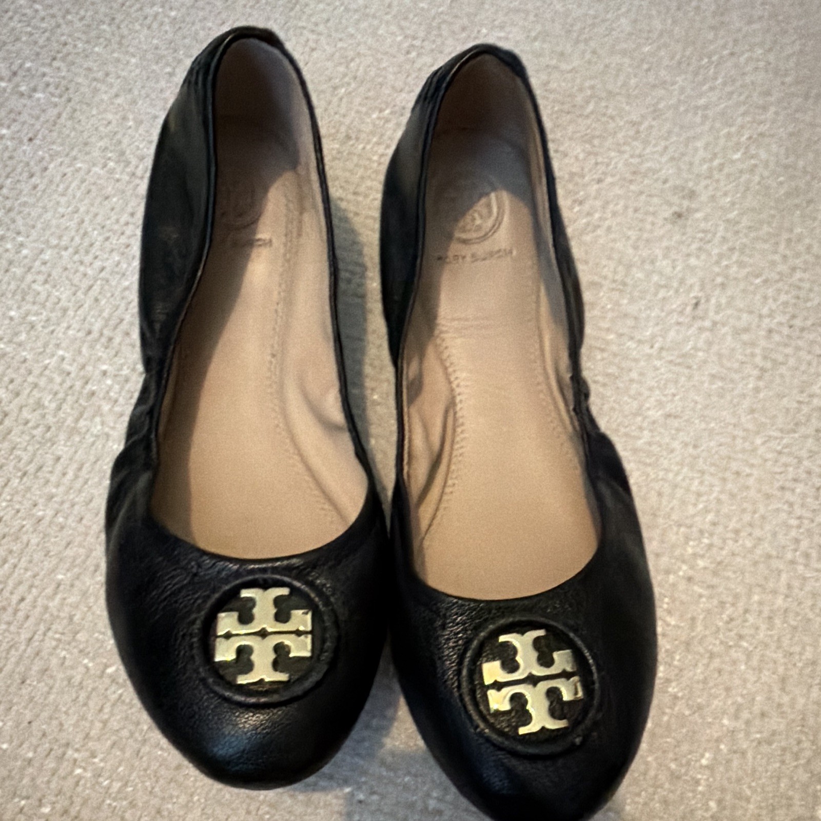Tory Burch Women’s Leather Slip-On Ballet Flats Black Round Toe Logo Medallion